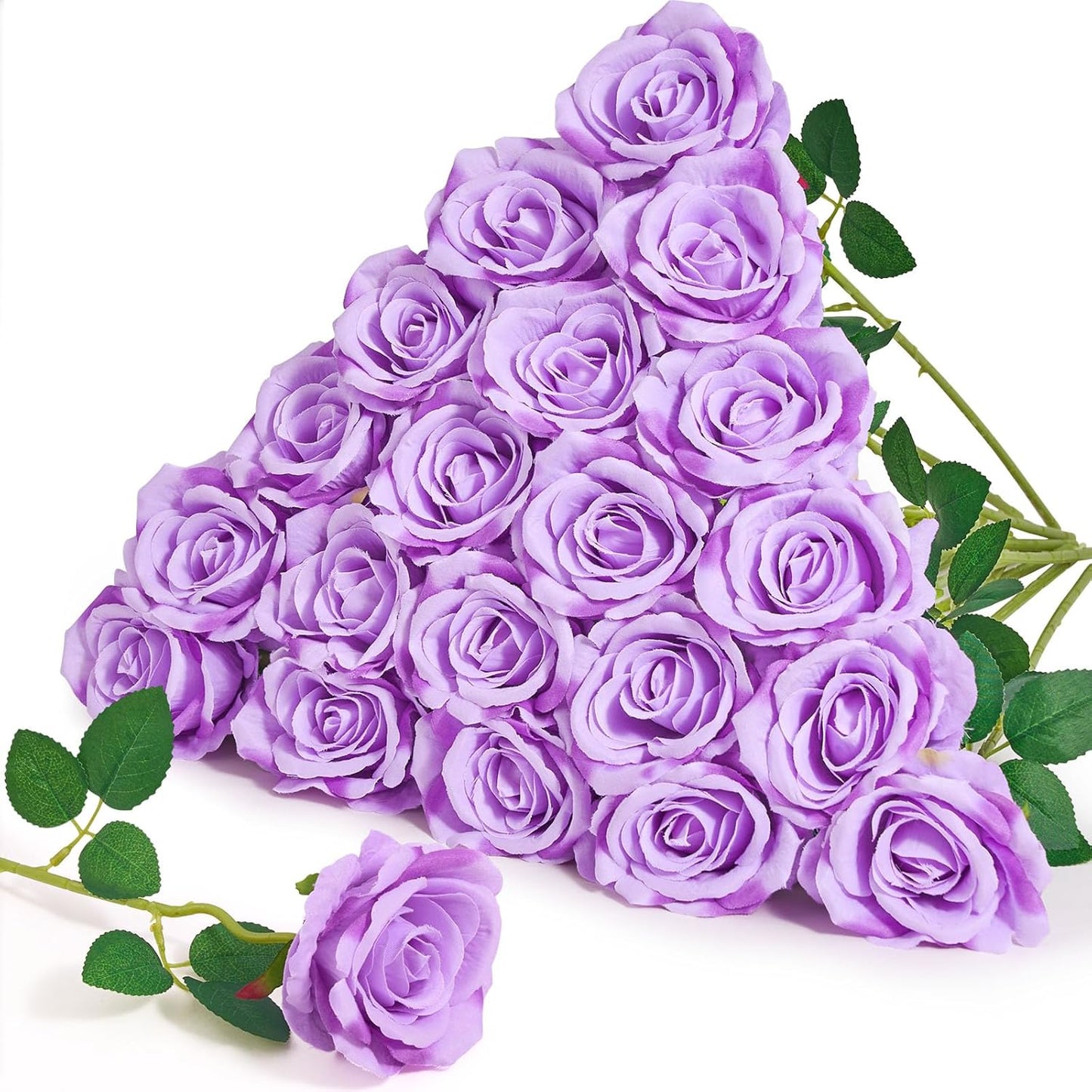 Serwalin 20pcs Artificial Roses, 4'' Big Flower Head, Light Purple Roses Velvet Real Touch, Silk Fake Roses Long Stem Realistic Bouquet for Wedding Table Centerpiece and Home Decor