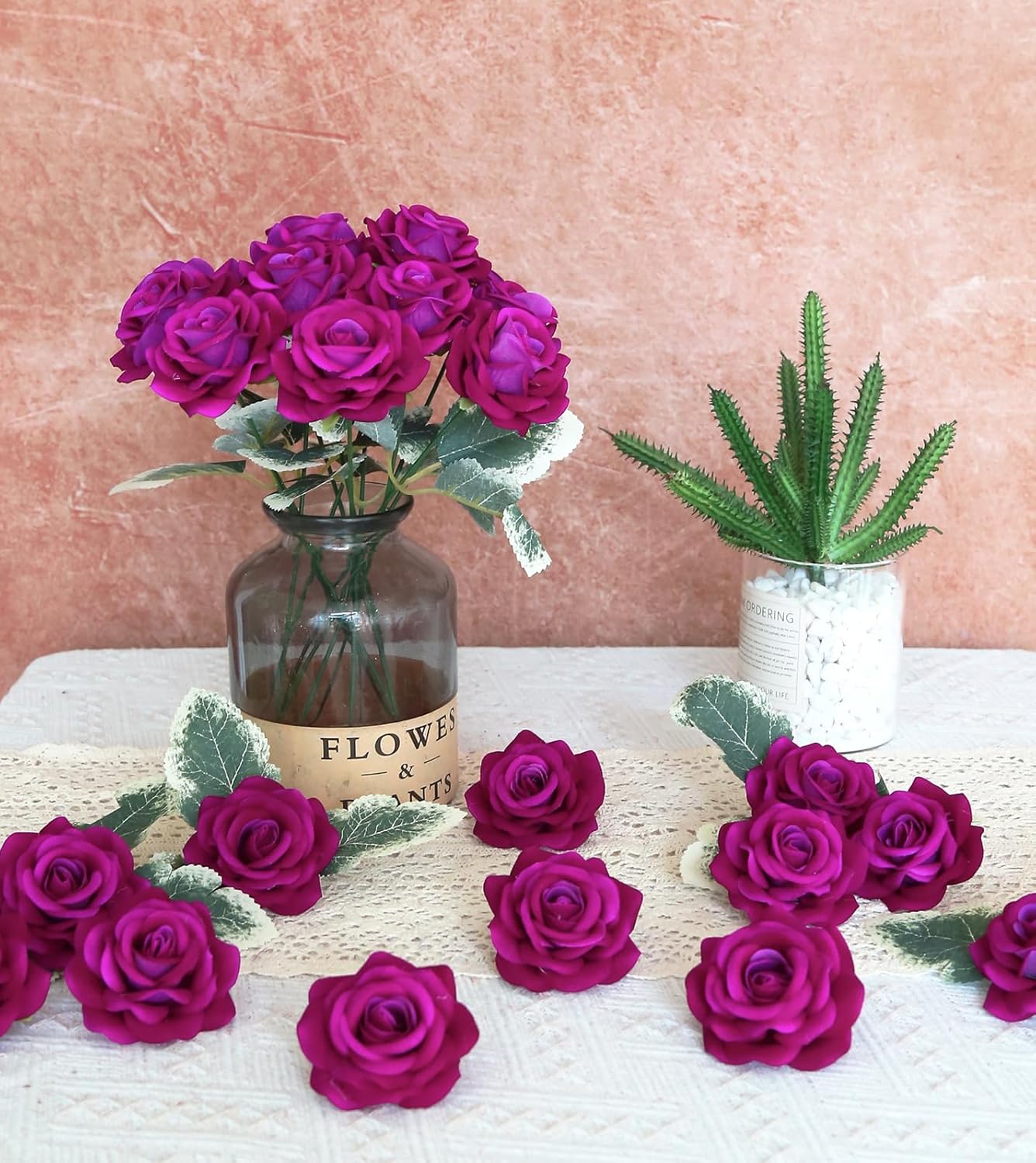 Purple Rose Flower Head 25pcs Artificial Velvet Rose Flowers Fake Roses Flowers with Stems for DIY Wedding Home Party Baby Shower Decor(Purple)