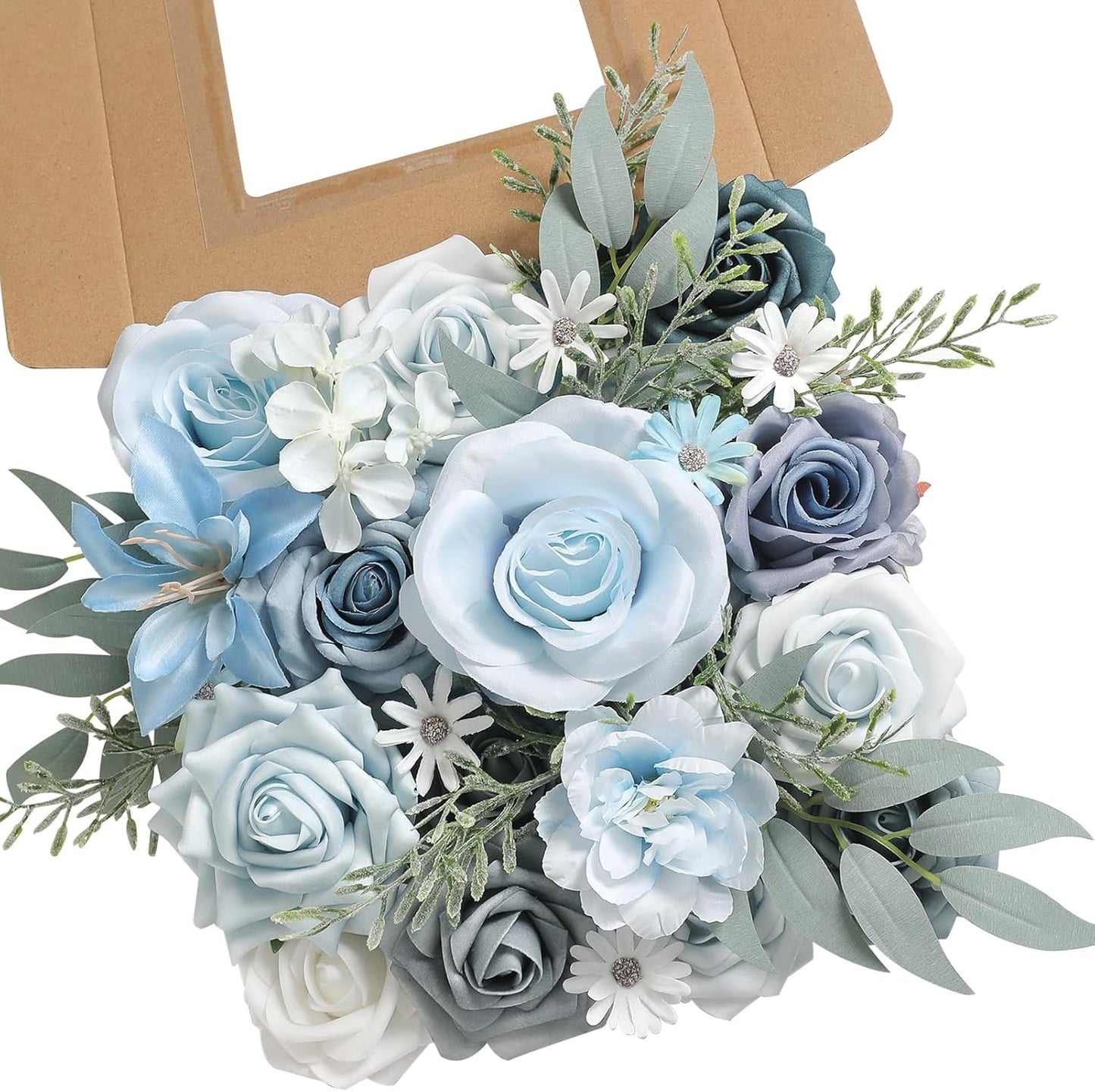 Blue Artificial Flowers Silk Fake Roses Peonies Greenery Combo Box Set for DIY Wedding Bouquets Bridal Shower Centerpieces Floral Arrangements Party Tables Home Decoration