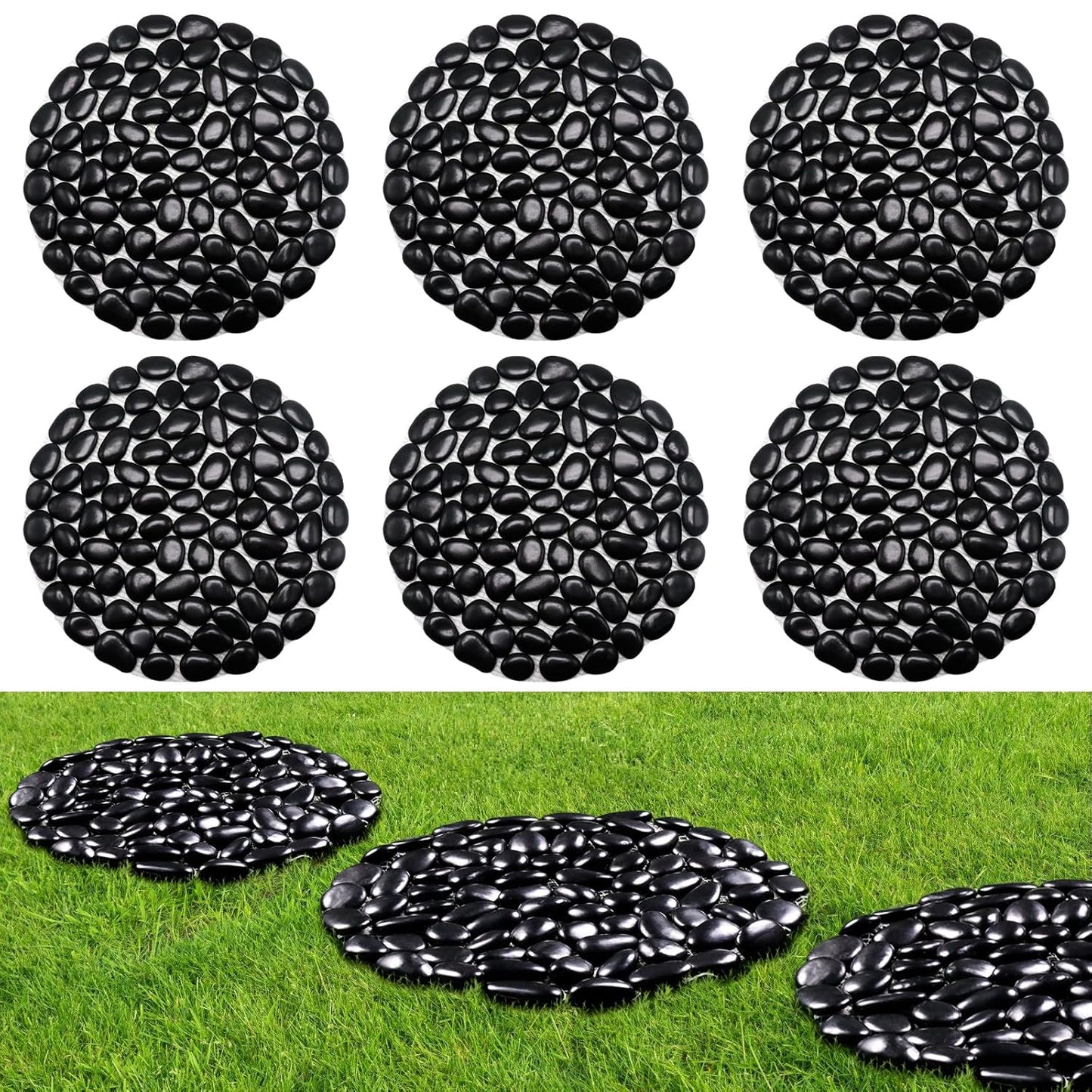 10in River Rock Stepping Stones Set - 6 Pack | Polished Pebble | Long-Lasting PVC Mesh Backing | Perfect for Garden Paths and Lawns Outdoor Landscaping Decoration | Black Circle