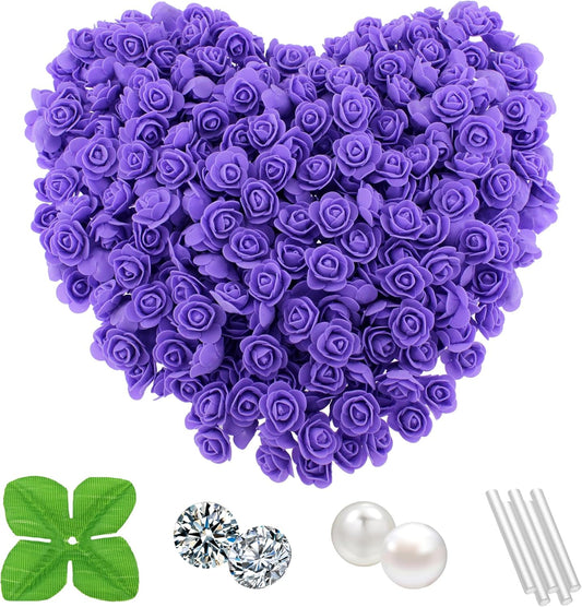 500 Pcs 1.4 Inch Mini Artificial Flowers Head Bulk 5 in 1 Set Faux Foam Fake Small Rose Tiny Baby Flores Bouquet Cake Gift Home Decoration DIY Craft (Purple)