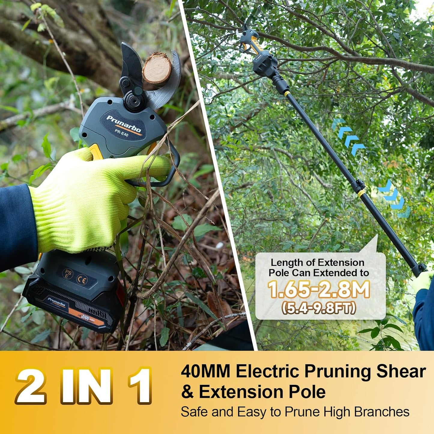 2-in-1 Brushless Pole Pruning Shear, 40mm Professional Cordless Pruners with Extension 1.6 Inches Compatible with Makita 18V Batteries Electric Tree Pruner 4000mAh Battery Secateurs