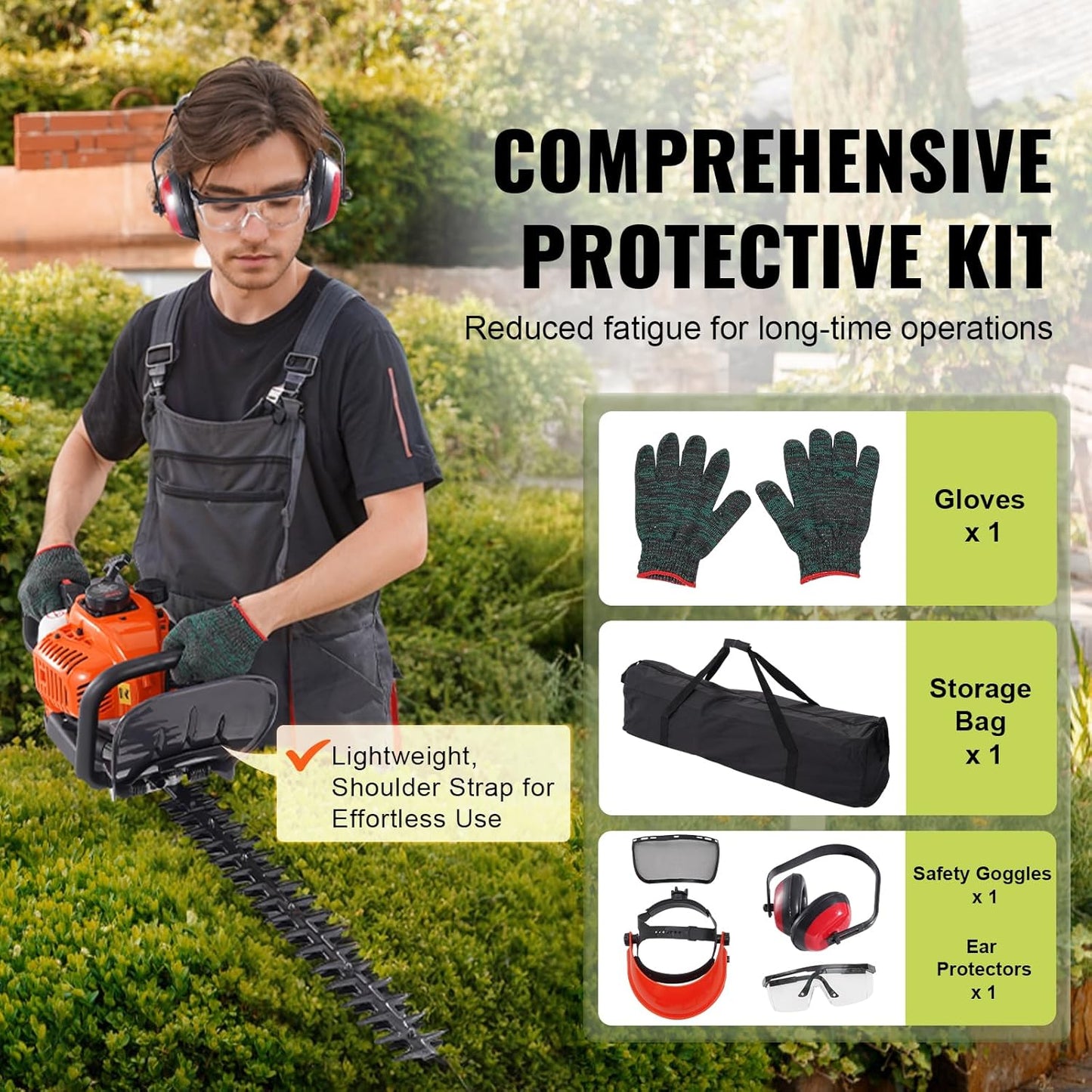 VEVOR Gas Hedge Trimmer 2 Cycle, 23.2-Inch 26cc Dual Sided Blade, Handheld, Lightweight, EPA, CE, EMC Certified, Ideal for Trimming Shrubs and Bushes, Includes Blade Cover, Gloves and Ear Protectors