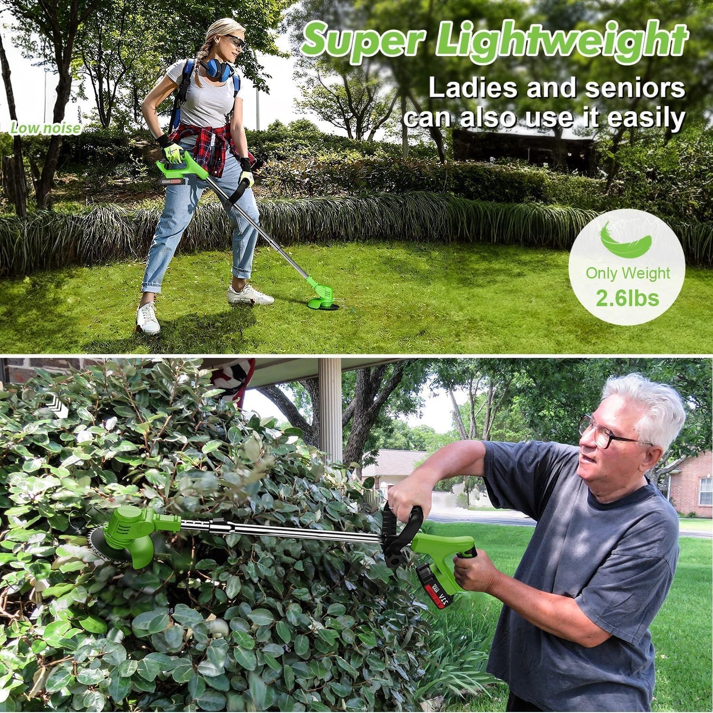 Electric Weed Wacker,Weed Eater on Battery Operated,Comes with Two 24V Batteries and Three Different Types of Blades,3 in 1 Trimmer Lawn/Cordless Trimmer for Lawn Yard Garden (Green)