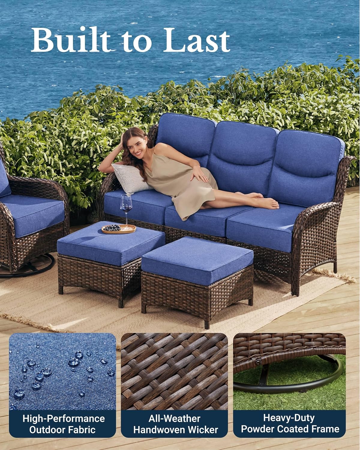 HILLGA Luxury Patio Furniture Set with 6-inch Thick Cushion, Outdoor Couch and High Back Swivel Rocker Patio Chairs, 6PCS Wicker Conversation Set for Deck Yard and Poolside, Blue (V2)