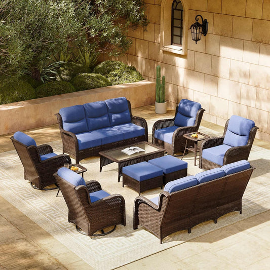 HILLGA Luxury Patio Furniture Set with 6-inch Thick Cushion, Outdoor Couch and High Back Swivel Rocker Patio Chairs, 11PCS Wicker Conversation Set for Deck Yard and Poolside, Blue (V2)