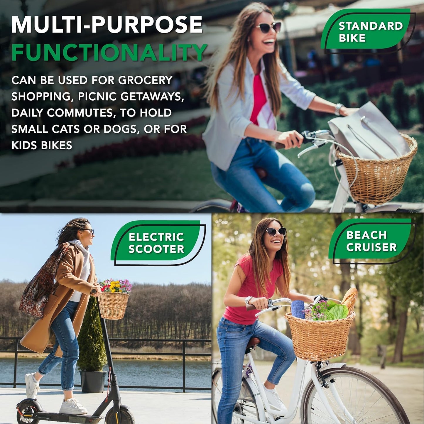 ProSource Wicker Bike Basket Front Cargo for Women and Men, Fits Most Bikes, Beach Cruiser, Stationary Bike, Ebike, Road Bike, Light Brown