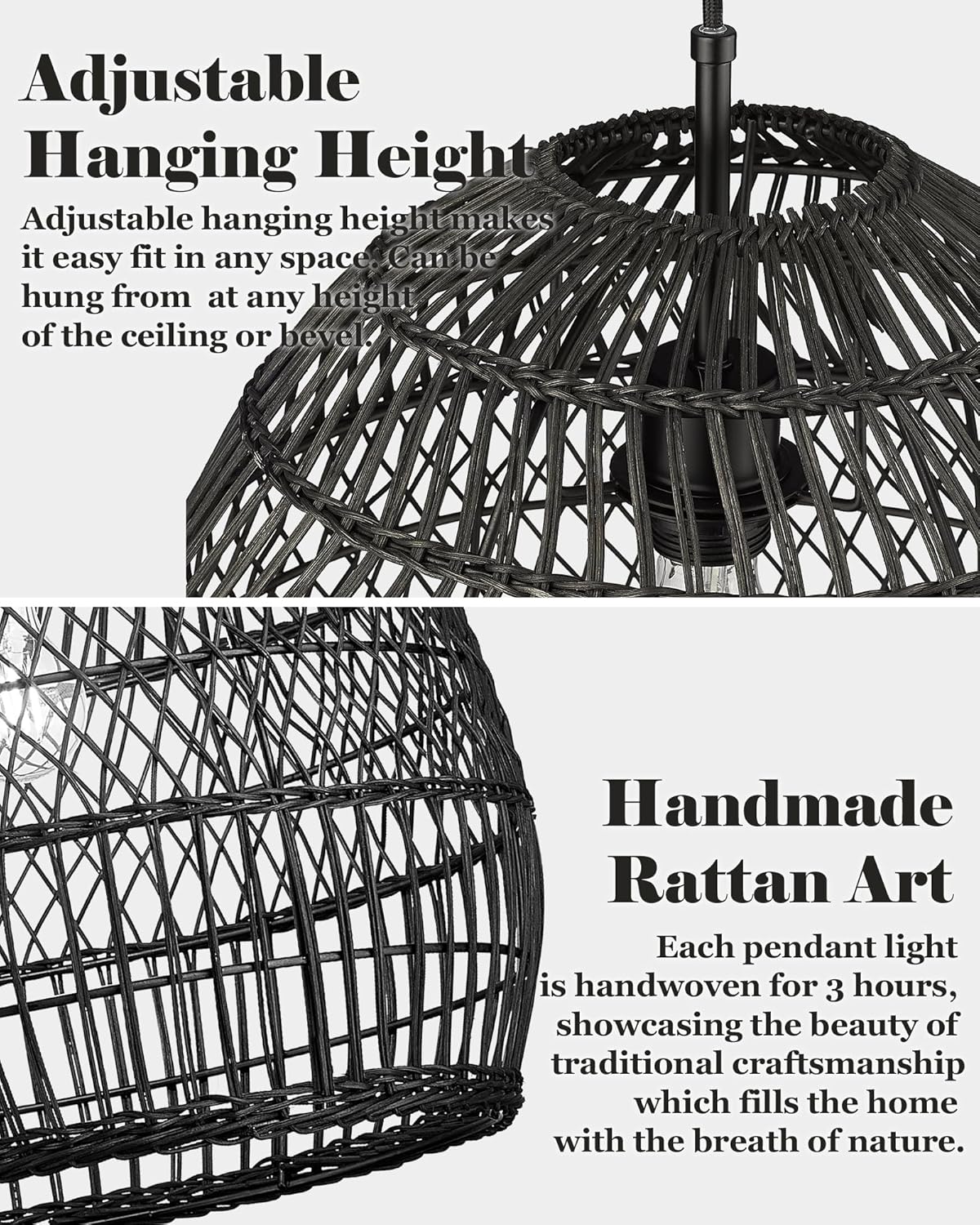 ELYONA 16” Large Rattan Pendant Light, Modern Black Wicker Chandelier, Hand Woven Boho Basket Hanging Light Fixtures for Farmhouse Dining Room Kitchen Island Living Room Bedroom Foyer (40cm*40cm)