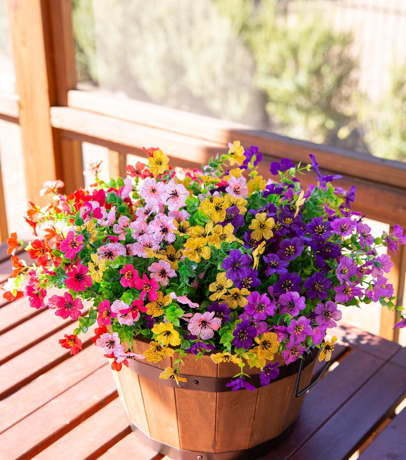 Artificial Flowers for Outdoor Indoor Garden Home Decoration, Faux Flower Daisy with Eucalyptus Leaves Fake Plants Greenery Boxwood Porch Patio, 12 Bundles (6 Multicolor)