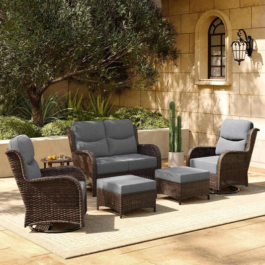 HILLGA Luxury Patio Furniture Set with 6-inch Thick Cushion, Outdoor Loveseat and High Back Swivel Rocker Patio Chairs, 6PCS Wicker Conversation Set for Deck Yard and Poolside, Dark Grey (V2)