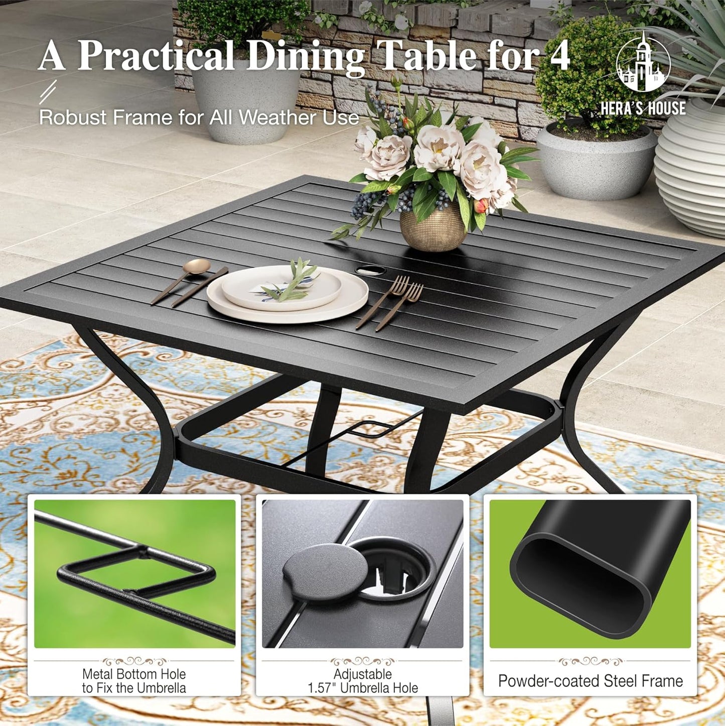 HERA'S HOUSE 5 Pieces Patio Dining Set, Outdoor Table and Chairs Set for 4, 4 x Blue Textilene Dining Chair, 37" Square Metal Dining Table, for Lawn Garden Backyard Deck