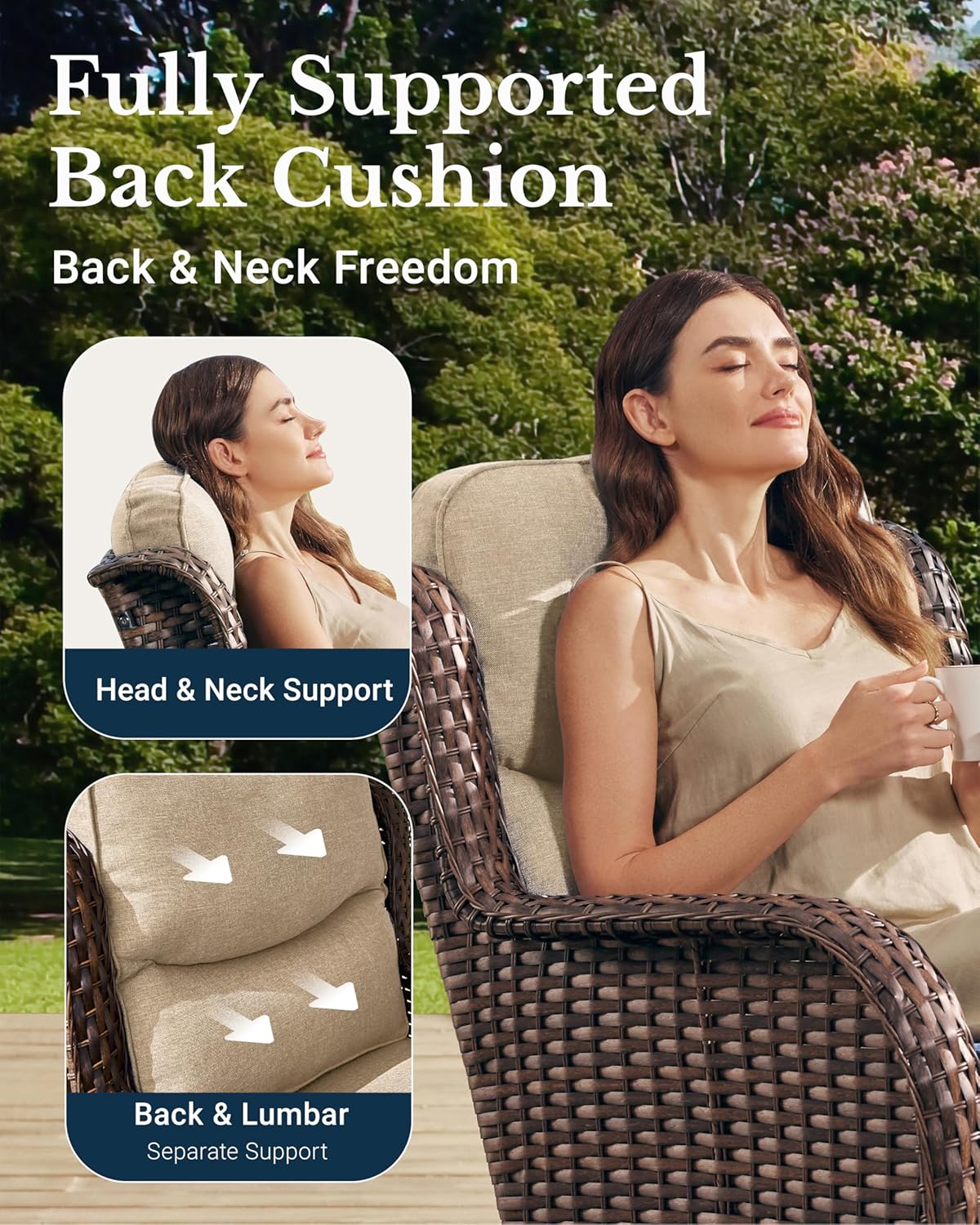 HILLGA Luxury Outdoor Swivel Rocker Patio Chairs of 2 with 6 Inch Thick Cushions and Side Table, Swivel Outdoor Chairs 3PCS High Back Wicker Patio Furniture Set for Porch, Balcony, Deck in Beige