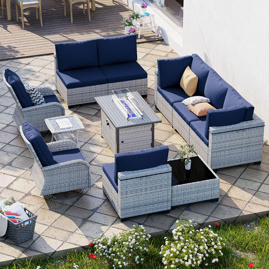 11-Piece Patio Furniture Set, Outdoor Patio Furniture with Fire Pit Table, Swivel Chairs Set, Thick Cushions, Modular Patio Sofa, Dual-Strand Wicker Rattan, Rust-Resistant Frame, Navy Blue