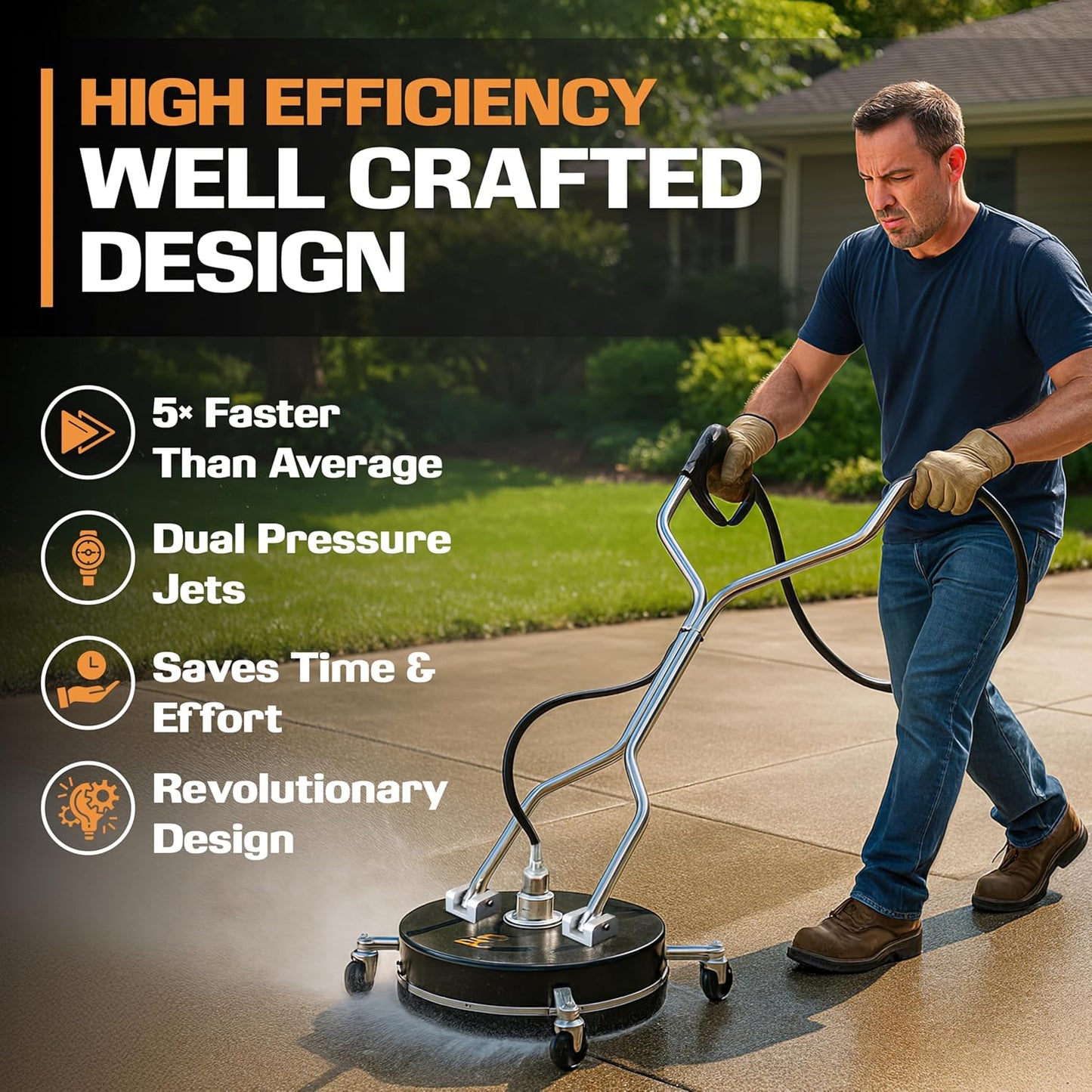 EDOU 20-Inch Dual Handle Pressure Washer Surface Cleaner, Wheels - Heavy Duty Composite Surface Pressure Washer - 4000 PSI Max - Includes 3/8-Inch Quick Connector Kit, Teflon Tape, Adapter Set