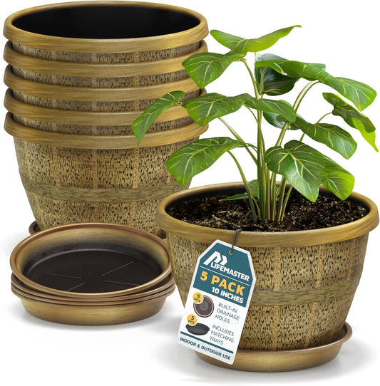 10-Inch Whiskey Barrel Planters Outdoor Pack of 5 - Durable Plastic Plant Pots for Indoor & Outdoor Use with Drainage & Saucer, Lightweight Rustic Barrel Planters for Flowers, Herbs & Small Plants