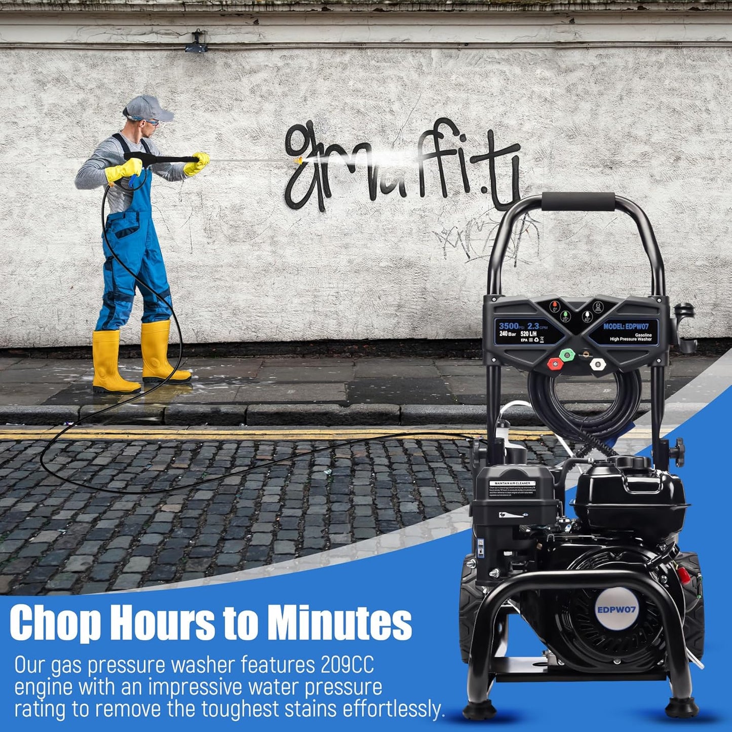 3500 PSI Gas Pressure Washer, 2.3 GPM Heavy-Duty High-Power Cleaner with 209CC 7HP Engine, 25Ft Hose, Axial Aluminum Pump, Soap Tank & 4 Quick-Connect Adjustable Nozzles (Black)