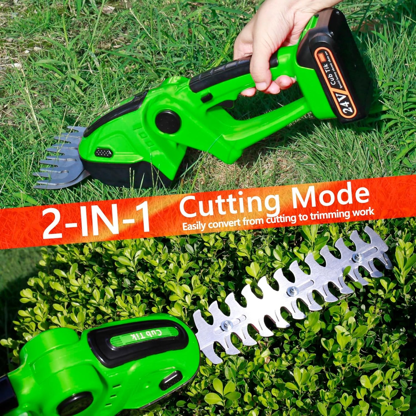 Hedge Trimmer Cordless with Battery and Charger 21V Electric Brush Grass Shrub Trimmer 2 in 1 Handheld Mini Grass Shears Grass Cutter Battery Powered Hedge Trimmer