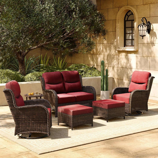 HILLGA Luxury Patio Furniture Set with 6-inch Thick Cushion, Outdoor Loveseat and High Back Swivel Rocker Patio Chairs, 6PCS Wicker Conversation Set for Deck Yard and Poolside, Burgundy (V2)