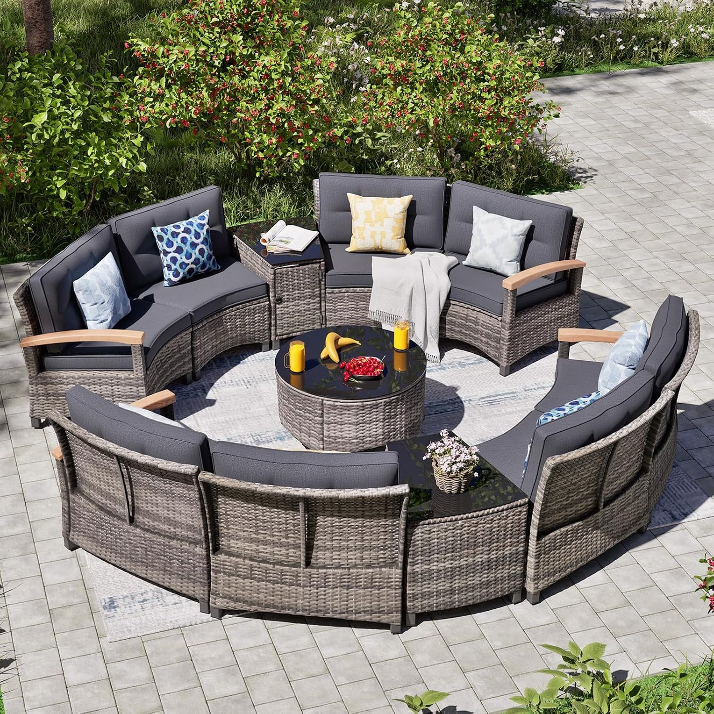 11 Piece Outdoor Patio Furniture Set, Half-Moon Curved Sectional Sofa Rattan Conversation Set with Wood Armrests, Coffee Table & 2 Side Table（Grey）