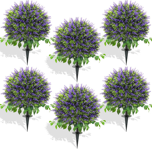 28" Artificial Boxwood Topiary Ball with Lavender, UV Resistant Topiary Tree Faux Boxwood Ball Shaped Porch Bushes with Ground Spike Artificial Bushes for Outdoors Front Door Decor Home Garden