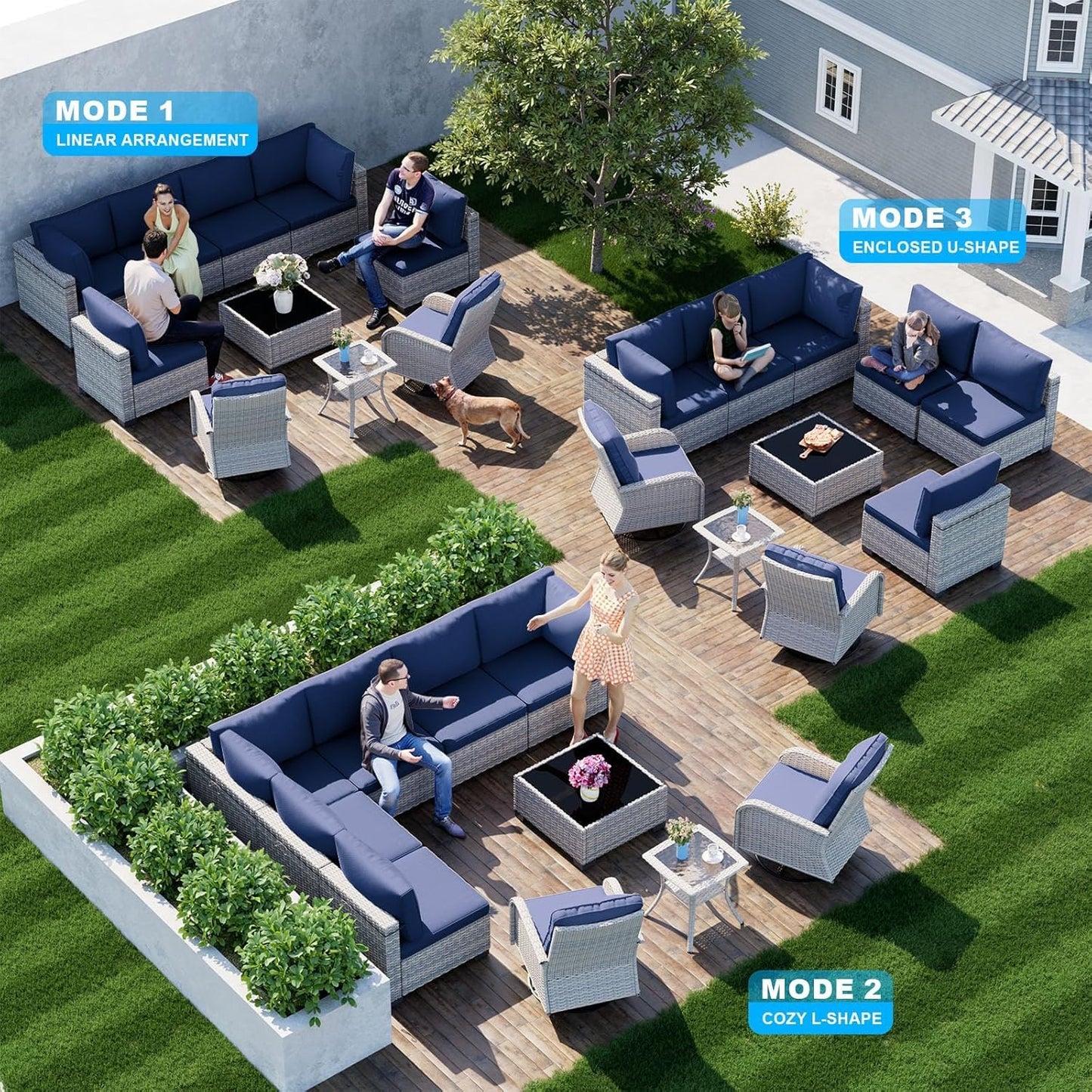 10-Piece Modern Patio Furniture Set with Swivel Chairs, Thick Cushions, Dual-Strand Wicker Rattan, Rust-Resistant Frame, Navy Blue