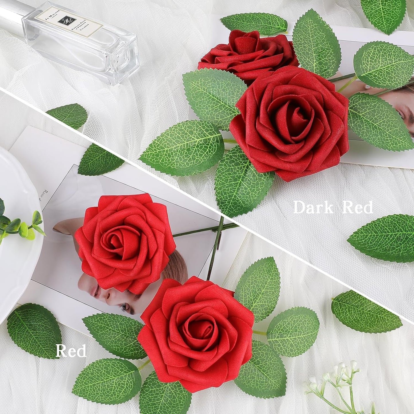 AmyHomie Artificial Flowers Red Rose 50pcs Real Looking Fake Roses w/Stem for DIY Wedding Bouquets Centerpieces Arrangements Party Baby Shower Home Decorations