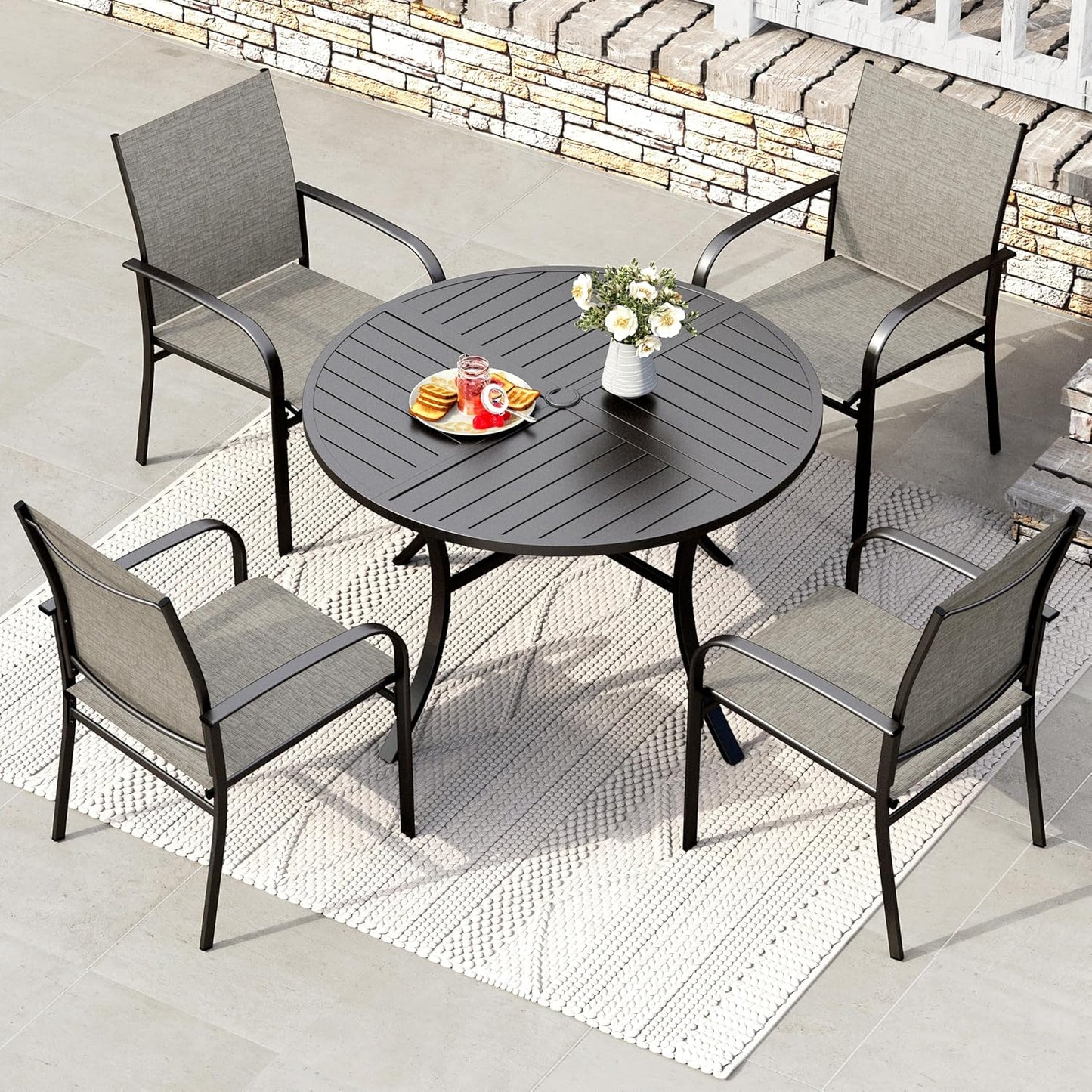 HERA'S HOUSE Round Patio Dining Set, 5 Piece Outdoor Metal Table and Chairs Set for Lawn Garden Backyard Deck